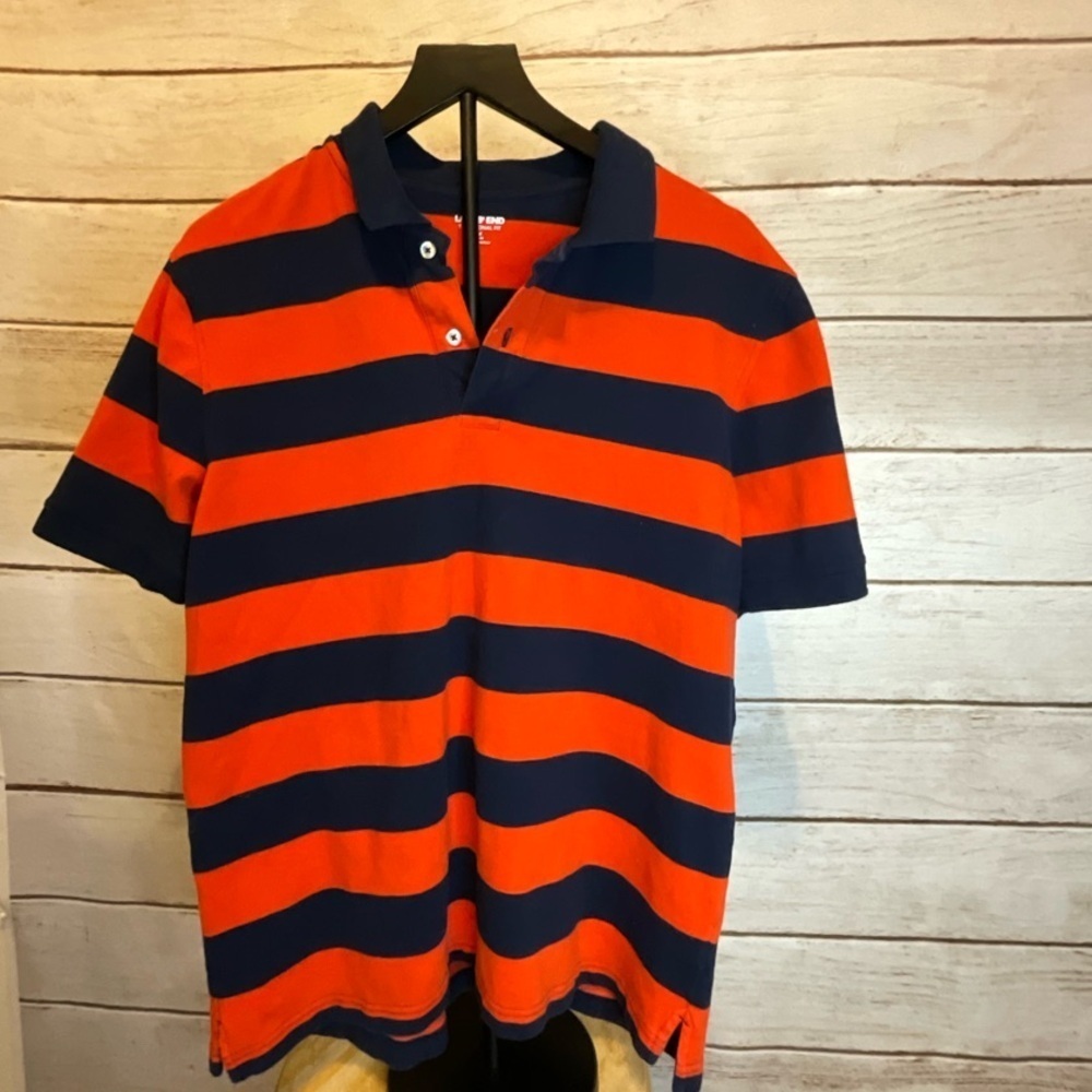 Lands End Orange and Navy Striped Polo Shirt,Business Casual, Dress  Casual